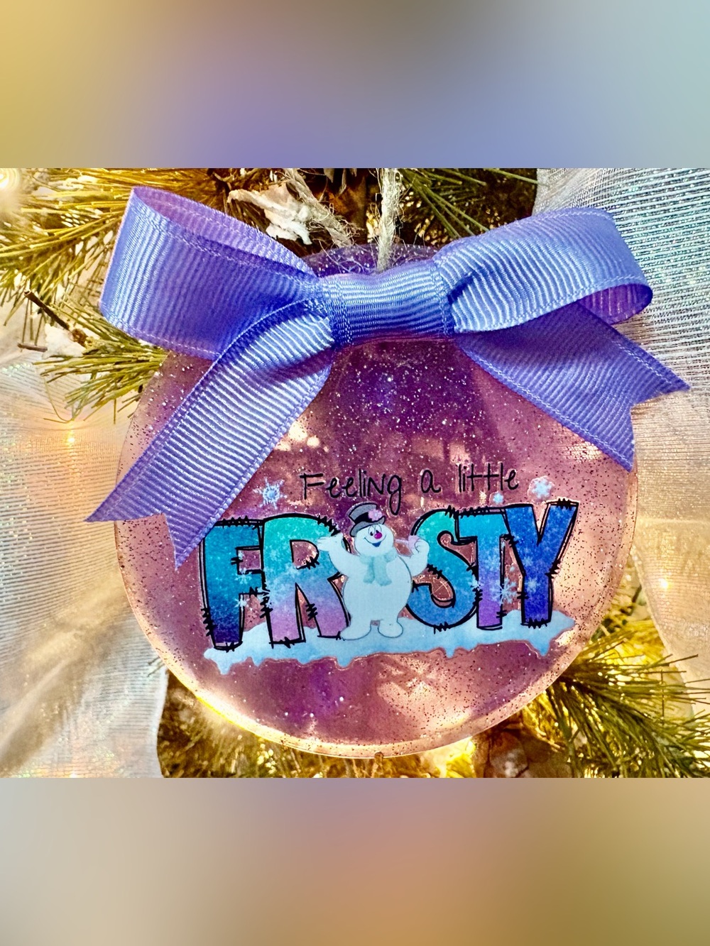 Frosty Purple Glitter Holiday Ornament with Bow